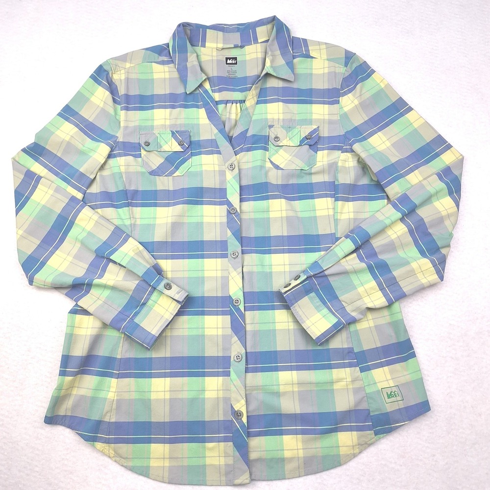 REI Shirt Womens Large Blue Green Plaid Button Down Sahara Hiking Outdoor